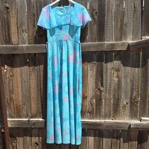 Freeport Fashions vintage floor length light blue and pink polyester dress